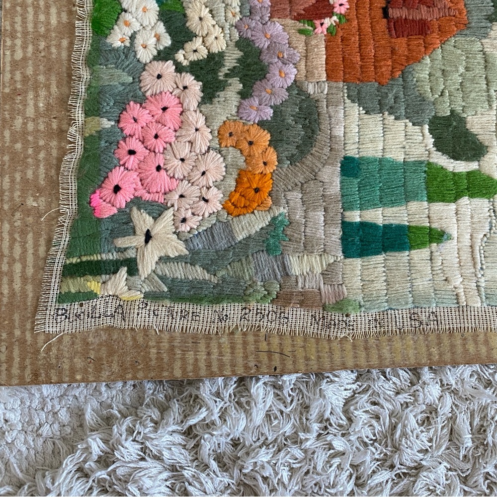 Vintage Handmade Cottage-core Longstitch Wall Fibre Art No Frame 13”x10.5” - Picture 8 of 8